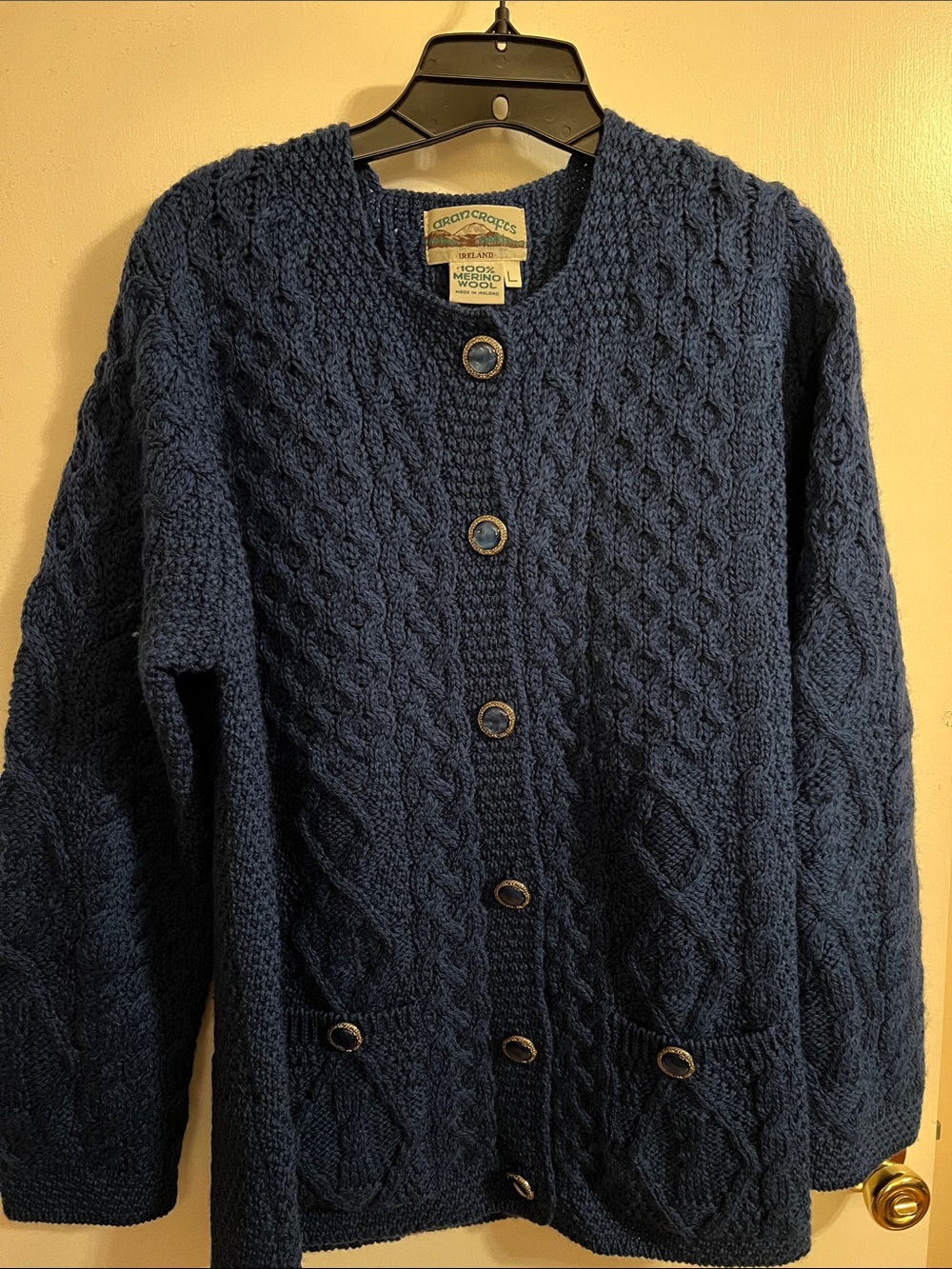 Aran Crafts Ireland Teal Cable Knit 100% Merino Wool Cardigan Sweater